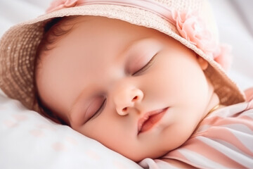Fototapeta na wymiar Close up portrait of a beautiful sleeping baby on white sheets. Cute little baby sleeping in soft crib at home. Generative AI