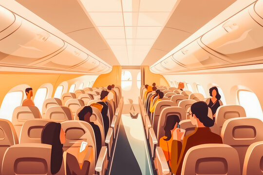 Inside view on passenger and cabin crew people on an airplane. Aircraft isle with people sitting, ready to take off. Generative AI