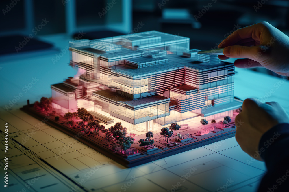 Poster a model of a building on a table. generative ai. model of house with hands of an architect.