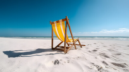 Fototapeta premium Empty deckchair with yellow napkin on sandy beach under clear blue sky during sunny day