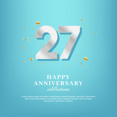 27th anniversary vector template with a white number and confetti spread on a gradient background