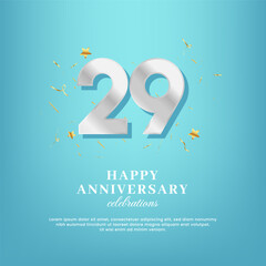 29th anniversary vector template with a golden number and confetti spread on a gradient background