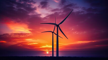Obraz premium Earth Day. Silhouette of a wind turbine at twilight, renewable energy sources, progress and sustainability in environmentally sensitive areas. Generative ai