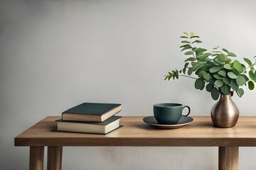 books,teapot,cups ,books and a bouqe on the table
