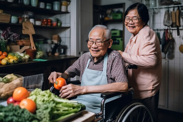 Fototapeta na wymiar A elder asian man in a wheel chair next to a elder asian woman in a kitchen