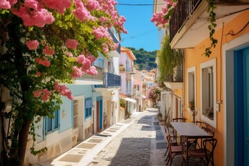 Picturesque and touristy cobbled street in Greece. Ai generated.