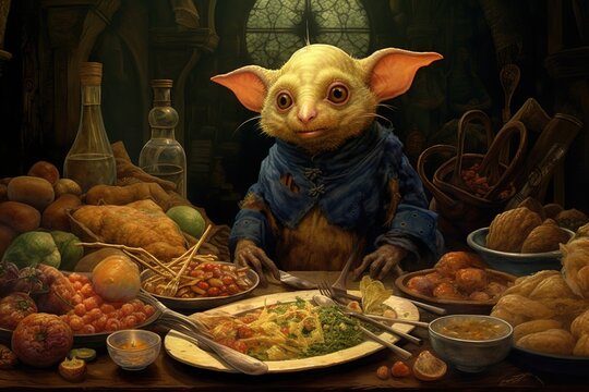 A painting of a fantasy character with big ears in a blue shirt sits at a table with food and drinks Generative AI