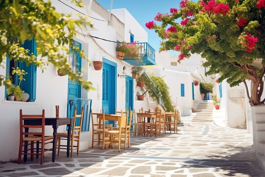 Picturesque and touristy cobbled street in Greece. Ai generated.