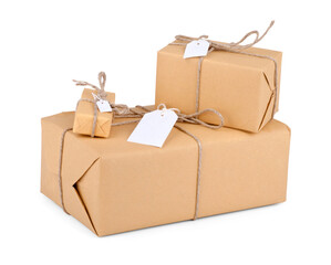 Stacking parcels boxes with kraft paper,isolated on white background.