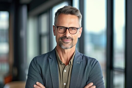 Smiling confident mature businessman looking at camera standing in office. Elegant stylish corporate leader successful ceo executive manager wearing glasses. Generative ai