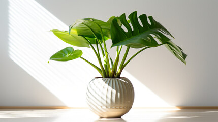 Fototapeta na wymiar A potted monstera plant sitting on top of a wooden table. Generative AI.