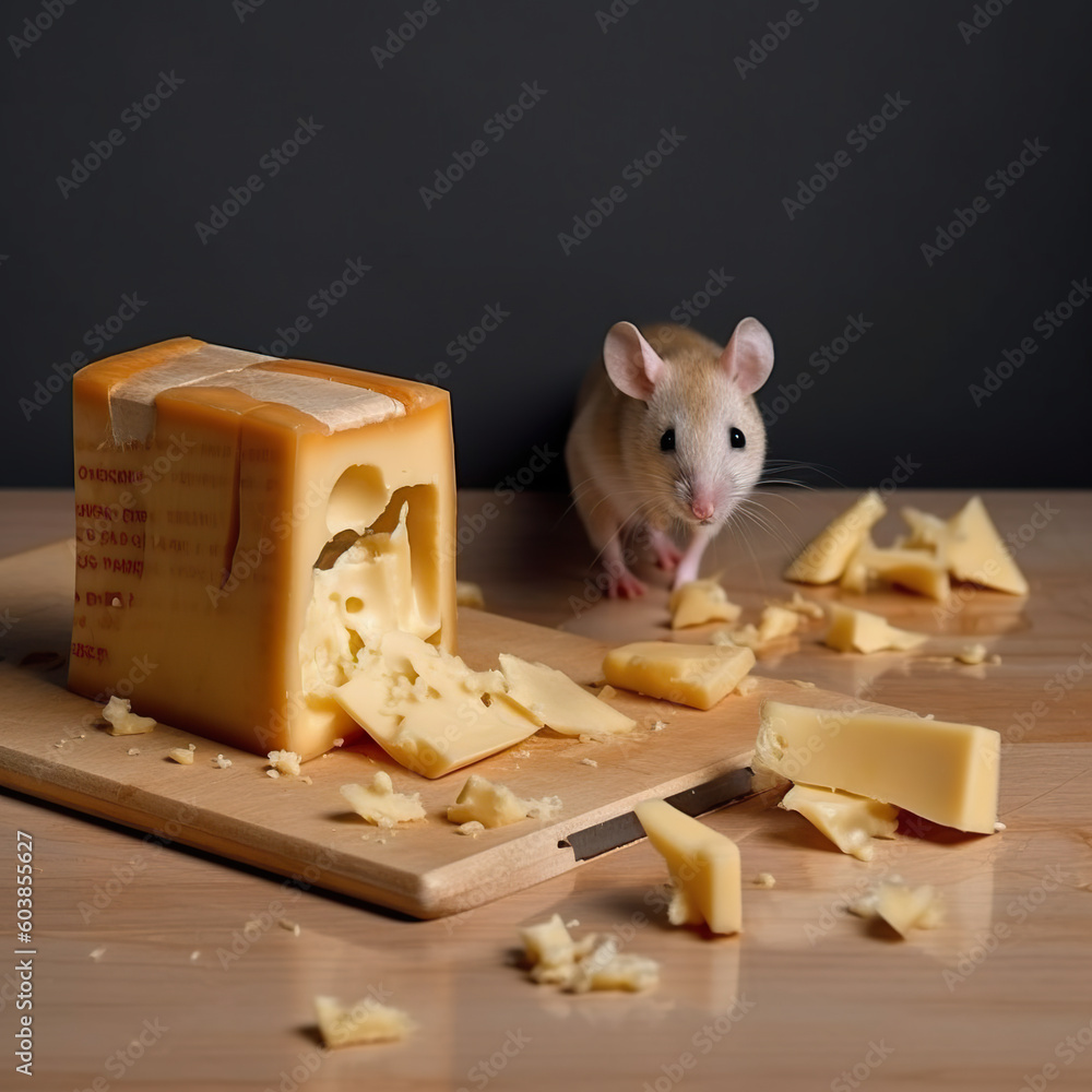 Poster a mouse standing next to a block of cheese. generative ai. hidden catch illustration. there is no su