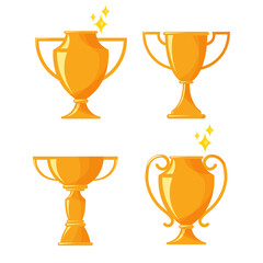 Golden trophy cups set. Different shape awards. Vector illustration isolated on white background.