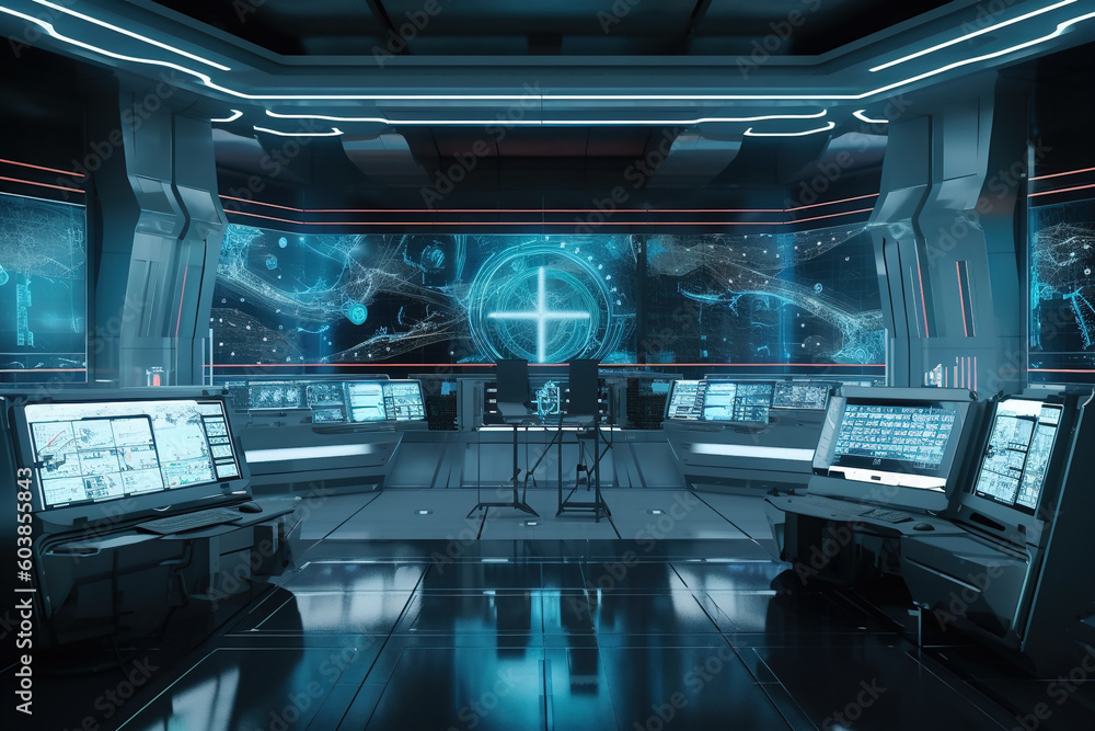 Poster control room with screens and computers, interior of command center, generative ai.