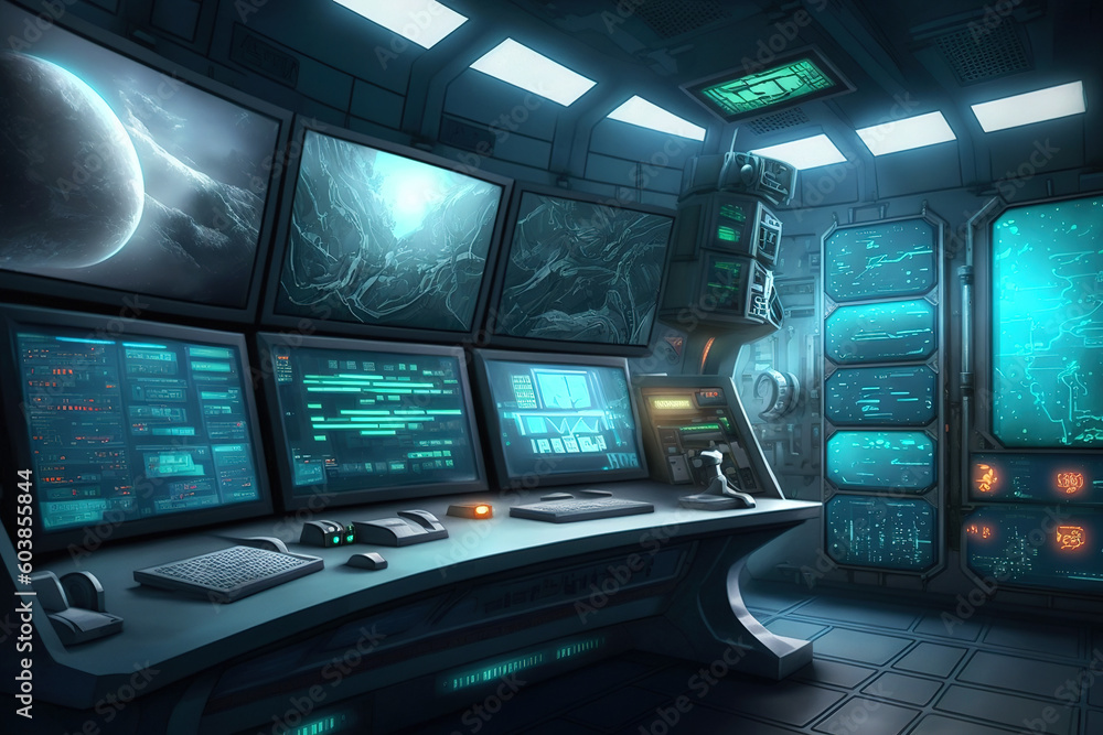 Poster control room with screens and computers, interior of command center, generative ai