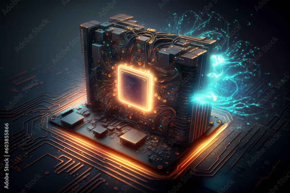 Poster central processor on circuit board, cpu chips inside computer, generative ai.