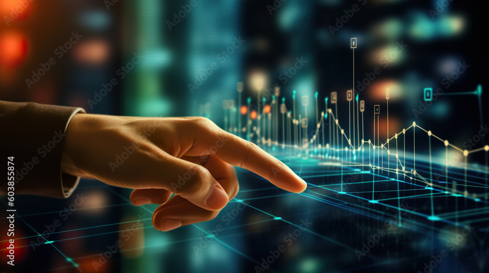 Poster a person pointing at a graph on a screen. generative ai.