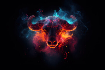 Taurus, ethereal zodiac sign, bull head is shown with a lot of smoke around it. Generative AI.