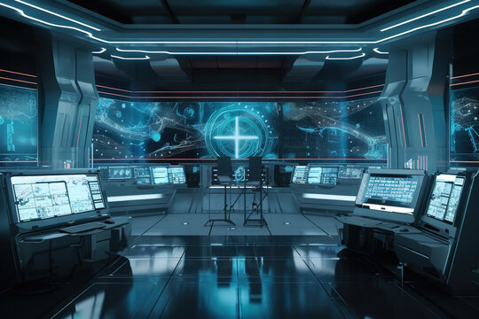 Control room with screens and computers, interior of command center, generative AI.