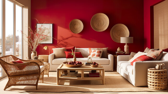 A living room filled with furniture and a red wall. Generative AI. Interior with red accents and warm straw elements in decor.