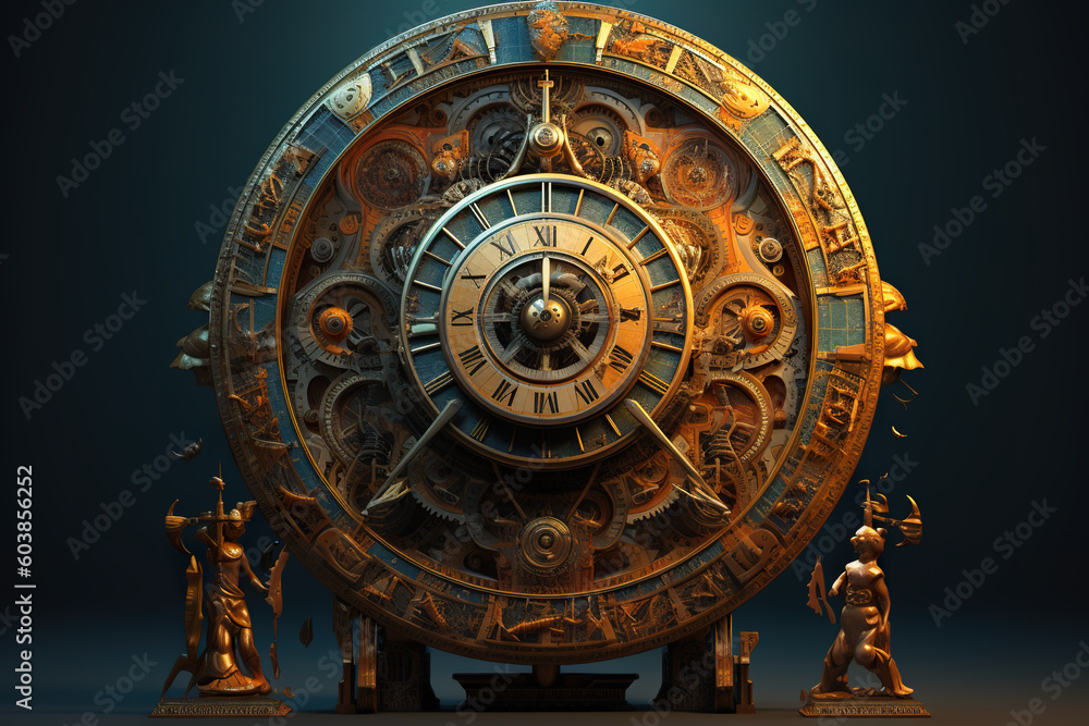 Poster a very large astrological clock with some statues around it. generative ai.