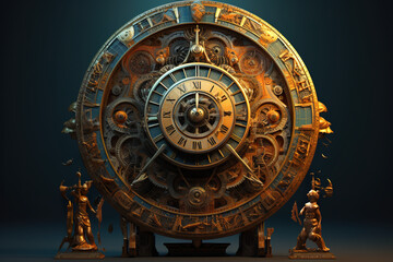 Fototapeta na wymiar A very large astrological clock with some statues around it. Generative AI.