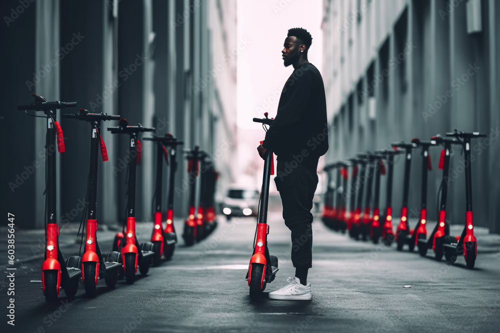 Poster a man standing in front of a row of scooters. generative ai.
