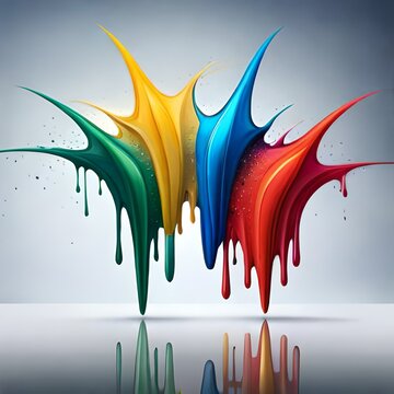 Multicolored jets of paint merge into a single mixture on a white background