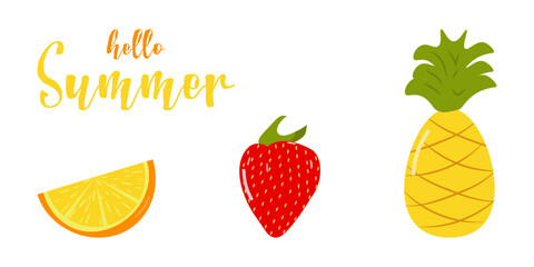 Set of summer elements, beach, summer accessory. Orange, pineapple, strawberry. Rest. Vector flat illustration.