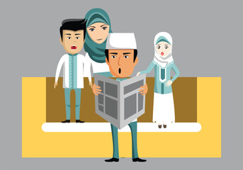 muslim family cartoon dad is reading newspaper