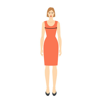 Women to do x-front measurement body with arrows fashion Illustration for size chart. Flat female character front 8 head size girl in red dress. Human lady infographic template for clothes