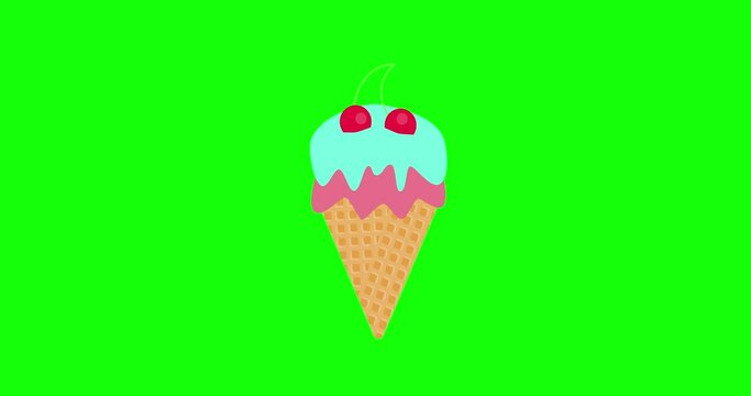 Animation of background with ice cream. Summer ice cream cones moving on a green background. 4K resolution summer dessert loop animation.