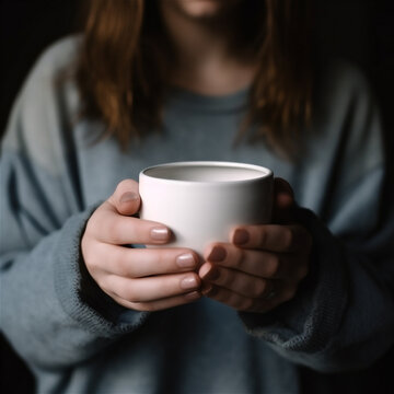 girl holding a white cup, mug in her hands, close up. AI generated content