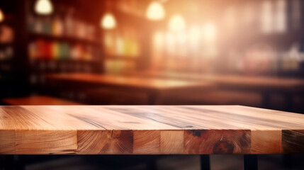 empty wooden table in front of abstract blurred background for product display in a coffee shop, local market or bar. Generative AI	