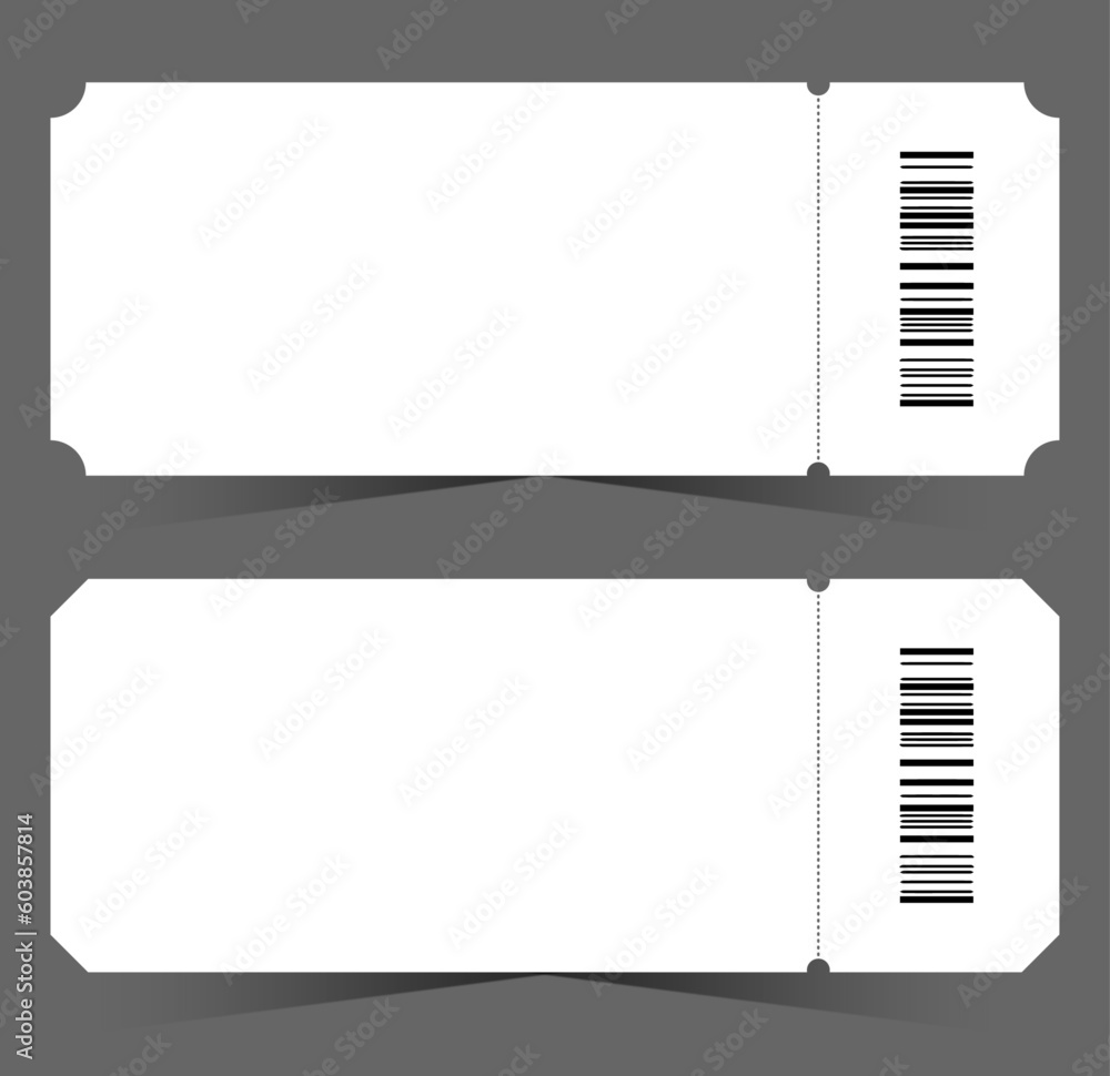 Wall mural white blank ticket templates with shadow and barcode isolated on the gray background.