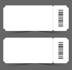 White blank ticket templates with shadow and barcode isolated on the gray background.