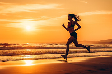 Fototapeta na wymiar Fitness woman running on a beach at sunrise