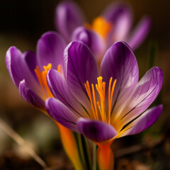 Flowers with orange pistil and stamens. Close up of crocus flower. (Generative AI)