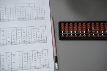 A background of math equipment. education background with mental arithmetic and paper.