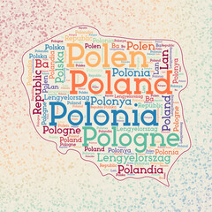 Poland shape whith country names word cloud in multiple languages. Poland border map on authentic triangles scattered around. Captivating vector illustration.