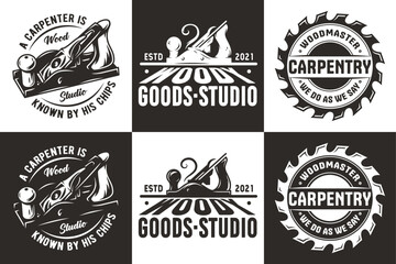 Wood saw set for slice of tree or timber for logo of sawmill. Circular saw for sawing of carpenter. Jointer for wood craft workshop. Carpenter tool or equipment for repair, professional carpentry work