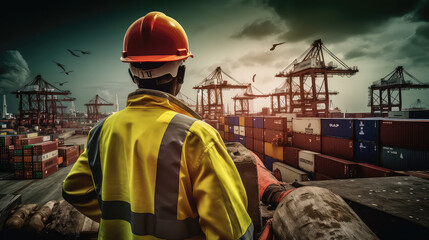 worker at work in the port wearing safety jacket and helmet with crane and containers for import and export business Generative AI