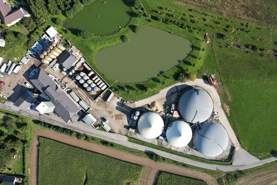 biogas production, biogas plants, bioenergy,aerial panorama landscape view of bio gas production facility and powerplant,European energy crisis,green renewable energy production, Czech republic,Europe