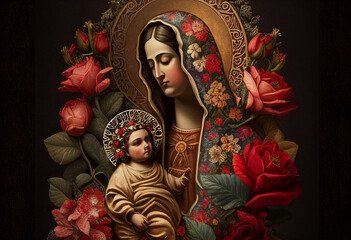 Mother of God with baby Jesus in Mexican style among flowers, generative AI © Paulina
