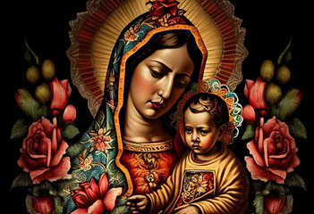 Mother of God with baby Jesus in Mexican style among flowers, generative AI © Paulina