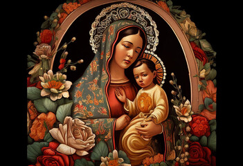 Obraz premium Mother of God with baby Jesus in Mexican style among flowers, generative AI