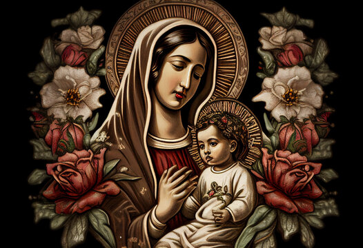 Mother of God with baby Jesus in Mexican style among flowers, generative AI