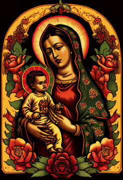 Mother of God with baby Jesus in Mexican style among flowers, generative AI