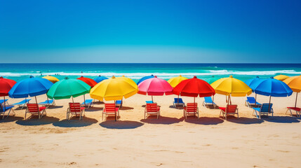beach with umbrella and chairs in summer