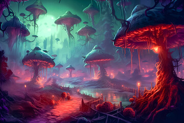Fototapeta na wymiar Fantasy mushroom world landscape.